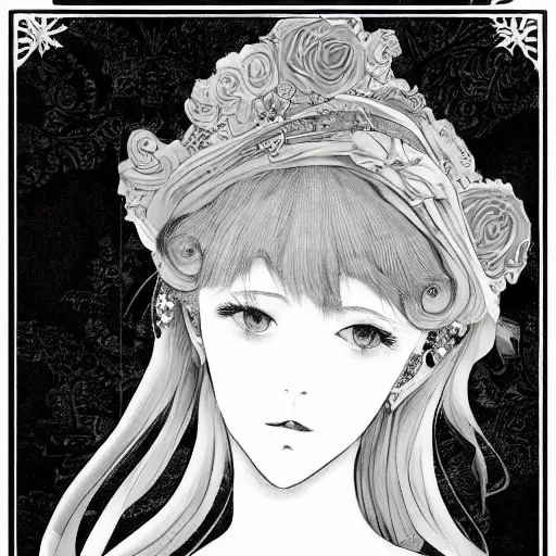 Image similar to Portrait a woman in Victorian clothing, Art by Yana Toboso, manga, black and white, japanese ink, high contrast, digital art