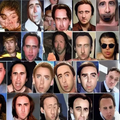 Image similar to A room full of people who look like Nicolas Cage