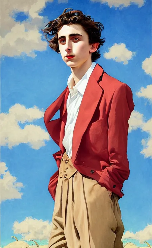 Prompt: Timothee Chalamet, the most beautiful androgynous man in the world, intense painting, sunny day at beach, tropical island, +++ super supper supper dynamic pose,  digital art, j.c. leyendecker