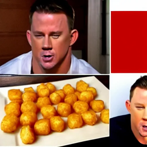 Prompt: channing tatum's face as tater tot on a plate with ketchup