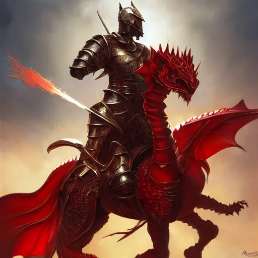 Prompt: a knight in armor riding his horse fighting a fiery red dragon, cinematic dramatic wide angle portrait, MtG, D&D, fantasy, intricate, elegant, highly detailed, digital painting, artstation, concept art, smooth, sharp focus, illustration, art by artgerm and greg rutkowski and alphonse mucha