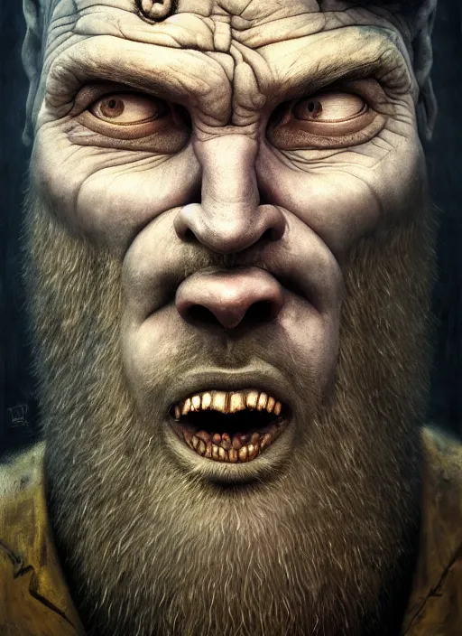Prompt: gediminas pranckevicius | close up portrait of a monster in the sinister valley of despair, siniter facem beard, rugged face, droping poping eye,, oil painting by tomasz jedruszek, cinematic lighting, pen and ink, intricate line, hd, 4 k, million of likes, trending on artstation pus