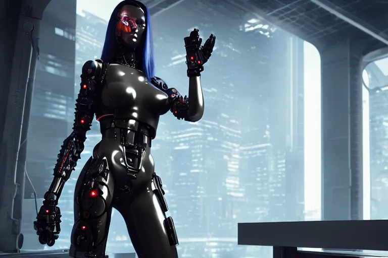 Image similar to cyberpunk cyborg woman concept inspired, futuristic look, highly detailed body, very powerful, photorealistic camera shot, bright studio setting, studio lighting, crisp quality and light reflections, unreal engine 5 quality render