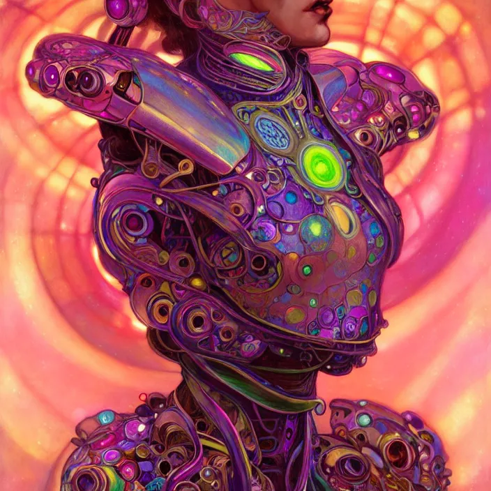 Image similar to bright psychedelic organic cyborg, 4th dimensional creature, diffuse lighting, fantasy, intricate, elegant, highly detailed, lifelike, photorealistic, digital painting, artstation, illustration, concept art, smooth, sharp focus, art by John Collier and Albert Aublet and Krenz Cushart and Artem Demura and Alphonse Mucha