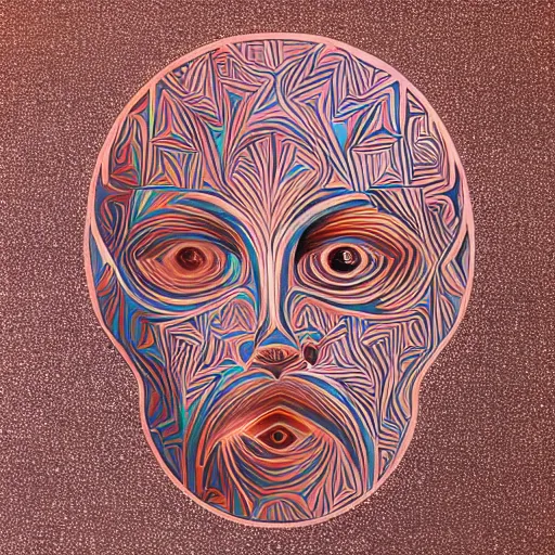 Image similar to incredible rose gold by john duncan. a conceptual art of a man with a large head, sitting in a meditative pose. his eyes are closed & he has a serene look on his face. his body is made up of colorful geometric shapes & patterns that twist & turn in different directions.