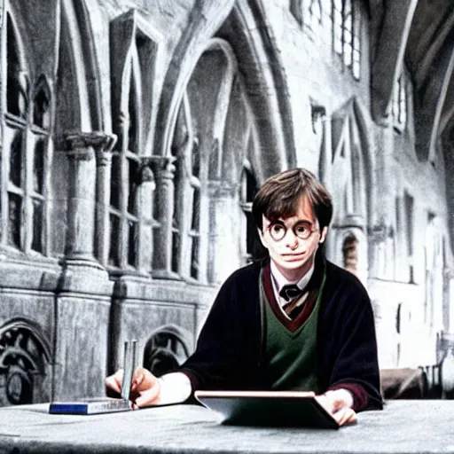 Image similar to Photo of Harry Potter using a computer in Hogwarts