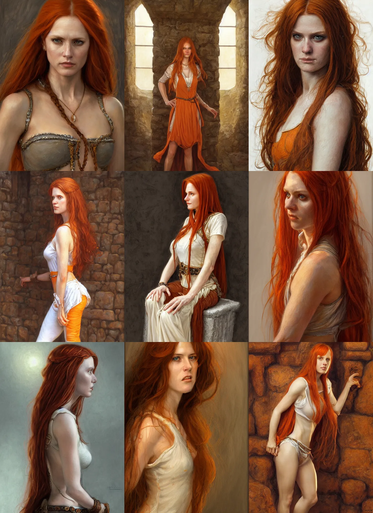 Prompt: a portrait of a white woman in her twenties, she has long orange brown hair, white long tanktop, medieval, style by donato giancola, wayne reynolds, jeff easley dramatic light, high detail, cinematic lighting, artstation, dungeons and dragons