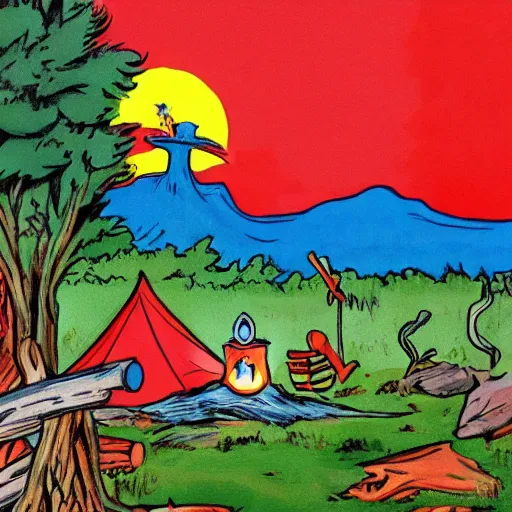 Prompt: painting of a campsite by dr seuss | horror themed | creepy