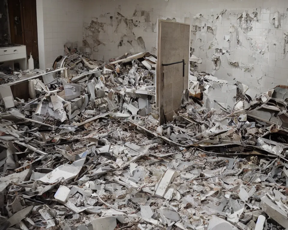 Prompt: news footage of a destroyed bathroom