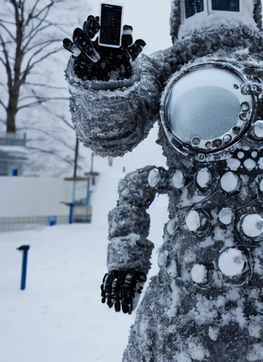 Image similar to photo of a cyber snowman, cyberpunk, made of snow and metal, interesting angle, sharp focus, 8 k high definition, insanely detailed, intricate, intelligent, art by kazuya takahashi, fenghua zhong, sangsoo jeong, kevin hou