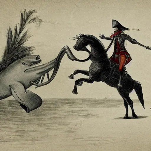 Prompt: a pirate horse riding a horse dolphin.