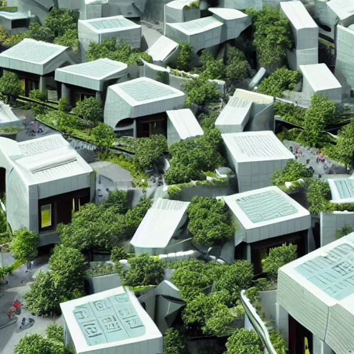 Image similar to origami architecture of a futuristc housing complex, crowded public space, a lot of trees and vegetation, full of sunlight, neighbourhood scale