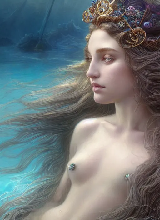 Image similar to goddess of the sea!! portrait of a seductive mermaid in underwater murky light, wind blown hair! fantasy esoteric, closeup, d & d, fantasy, intricate, elegant, highly detailed, digital painting, artstation, concept art, matte, sharp focus, illustration, art by artgerm and tom bagshaw and greg rutkowski and alphonse mucha