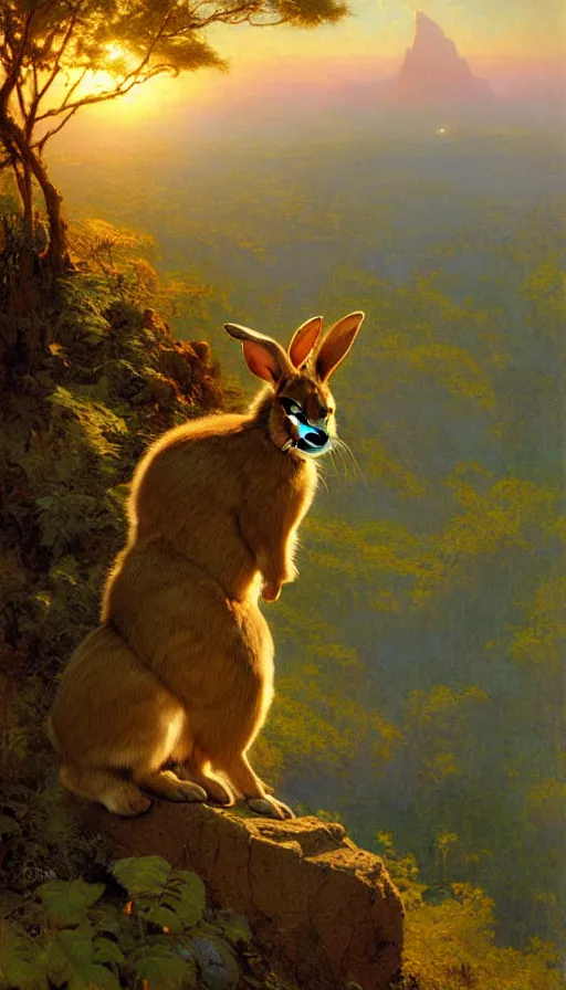 Image similar to hyper realistic rabbit looking off of a cliff, sun setting behind rabbit, lush forest in valley below, painted by james gurney, gaston bussiere, craig mullins, j. c. leyendecker 8 k