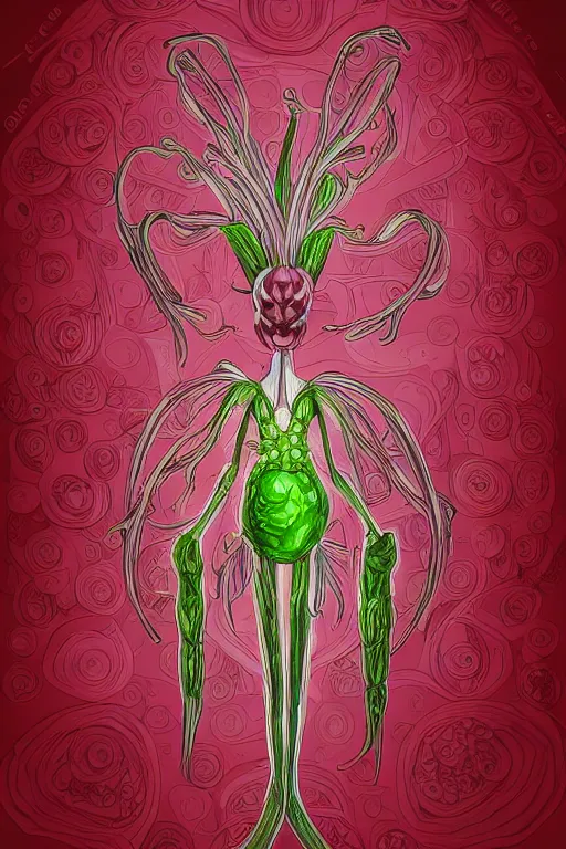 Image similar to radish humanoid, symmetrical, highly detailed, digital art, sharp focus, trending on art station, anime art style