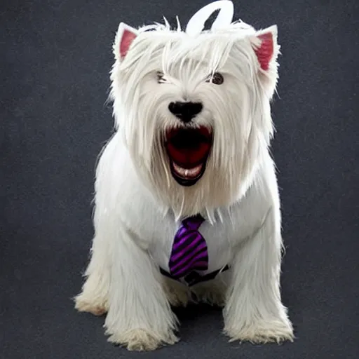 Prompt: Photogrpah of a West Highland Terrier wearing dressed as the Joker