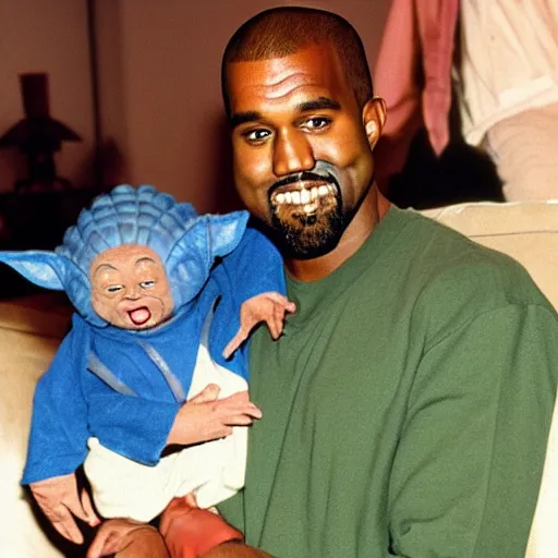 Image similar to kanye west smiling and holding yoda yoda for a 1 9 9 0 s sitcom tv show, studio photograph, portrait