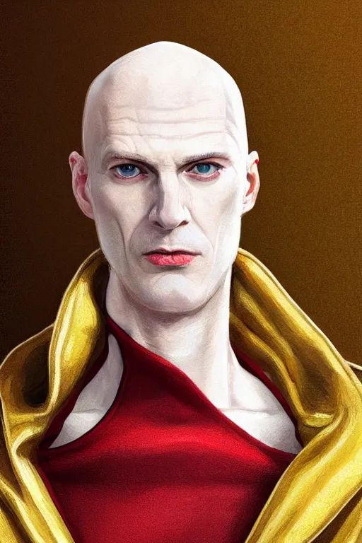 Prompt: a bald pale man in his late ninetees. stately and dour in his expression. eyeliner accentuates his sunken eyes. a high black turtleneck covers his thin neck. opulent white golden red robe. white leather gloves with gold decoration, sharp focus, illustration, digital painting, art by magali villeneuve