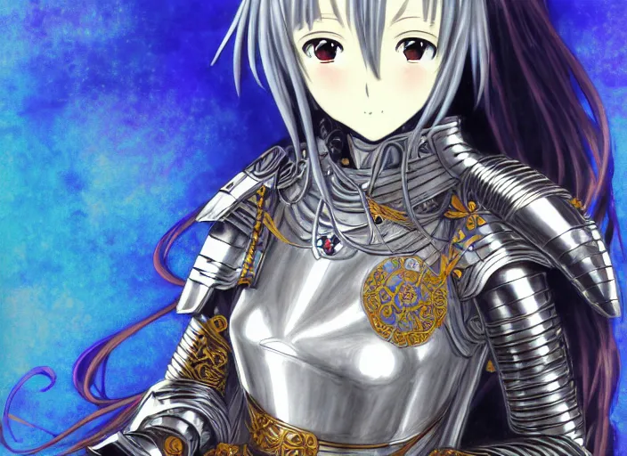 Prompt: anime portrait of a female knight in ornate armor, enchanted, magic, digital, concept art, Kyoto animation,last exile, blue submarine no. 6, katsura masakazu,tsutomu nihei, gustav klimt,loish, murata range, kawaii, studio lighting, manga, bright colors, anime,beautiful, 35mm lens,noir, vibrant high contrast, gradation, jean giraud, moebius, fantasy, rule of thirds, unreal engine, fibonacci, intricate, cel shaded, blender npr, flat, matte print, smooth, Ilya Kuvshinov, Tsuruta Kenji