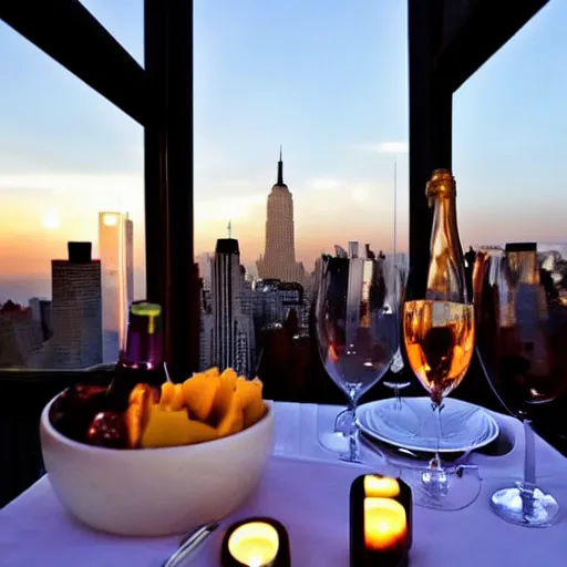 Prompt: beautiful glowing candle - lit dinner with wine bottle overlooking the new york city skyline