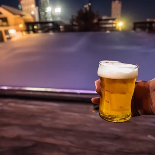 Image similar to Holding beer on the roof at night, POV, ultrarealistic,8K,