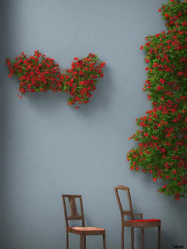 Prompt: a old house window with a vase of red flowers with view to a sunrise, blue wall, a wooden chair near the window, concept art, octane render, unreal engine 5, trending on deviantart, highly detailed, high quality, hd, digital painting, masterpiece, geometric, symmetrical, low contrast, beautiful, high coherence, natural lighting, intense lighting