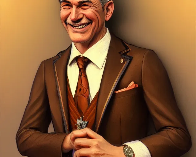 Prompt: close up of ernie sabella smiling wearing a brown suit and necktie, focus, d & d, intricate, elegant, highly detailed, digital painting, artstation, concept art, matte, sharp focus, illustration, hearthstone, art by artgerm and greg rutkowski and alphonse mucha