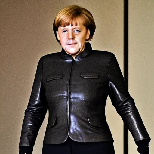 Image similar to detailed angela merkel portrait black leather gantz clothes by shunya yamashita