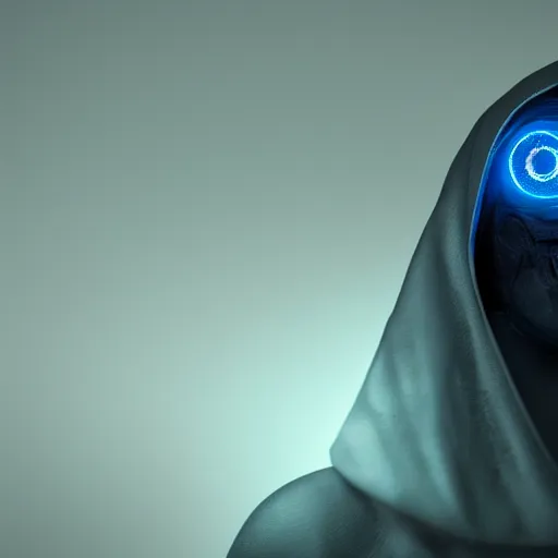 Image similar to award - winning. trending on artstation. 4 k. eerie tone. a robotic figure wearing a hooded cape made of the night sky with 1 5 dark blue glowing eyes on its face and rows of teeth on its chest. portrait.