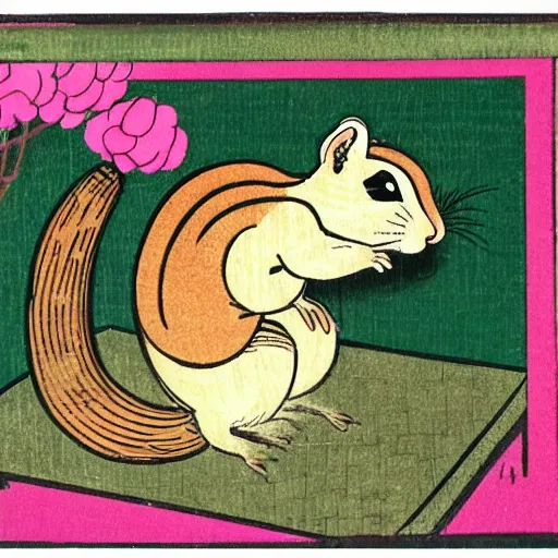 Prompt: japanese edo period woodblock print of a chipmunk eating pizza with pink blossoming cherry trees in the background