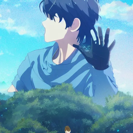 Image similar to a rough golden crystal with human head and hands, poster art by makoto shinkai, featured on pixiv, environmental art, official art, anime, movie poster