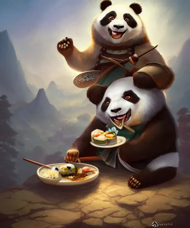 Image similar to a portrait an anthropomorphic panda samurai eating sushi, landscape in background, cute and adorable, dnd character art portrait, well rendered matte fantasy painting, deviantart artstation, by jason felix by steve argyle by tyler jacobson by peter mohrbacher, cinematic lighting