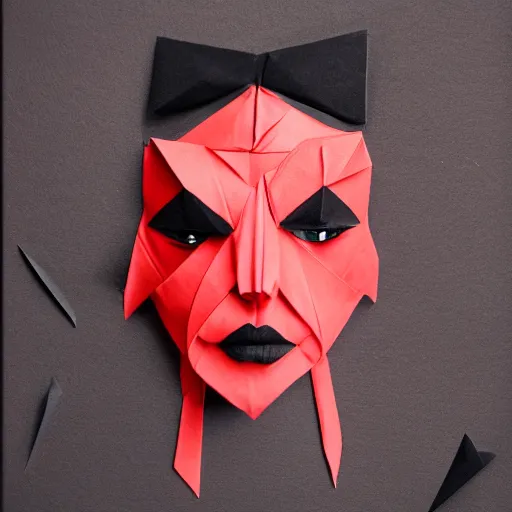 Image similar to origami portrait of a fashion model, black and red