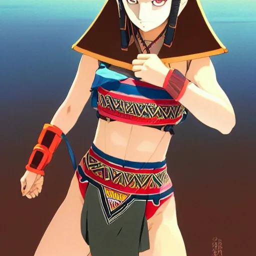 Image similar to beautiful boyish natalie portman alluring gravure model, wearing aztec wooden mask helmet cap and leotard, elegant bulky aztec football gear subtle mayan patterns, elegant aztec bathing suit, gapmoe yandere grimdark, trending on pixiv fanbox, painted by greg rutkowski makoto shinkai takashi takeuchi studio ghibli, akihiko yoshida