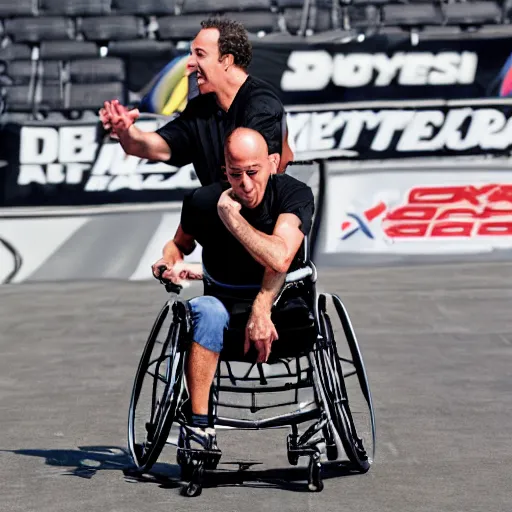Prompt: jerry seinfeld jumping a wheelchair at x games magazine photo