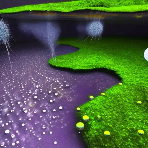 Image similar to man made of marimo moss balls running at the bottom of a lake, unreal engine, high detail