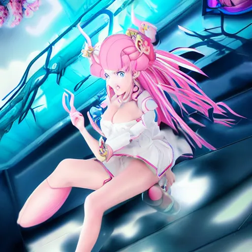 Image similar to stunningly beautiful omnipotent megalomaniacal anime goddess who looks like junko enoshima with symmetrical perfect face and porcelain skin, pink twintail hair and mesmerizing cyan eyes, looking down upon the viewer and taking control while smiling in a mischievous way, mid view from below her feet, hyperdetailed, photograph in frog's perspective, 8 k