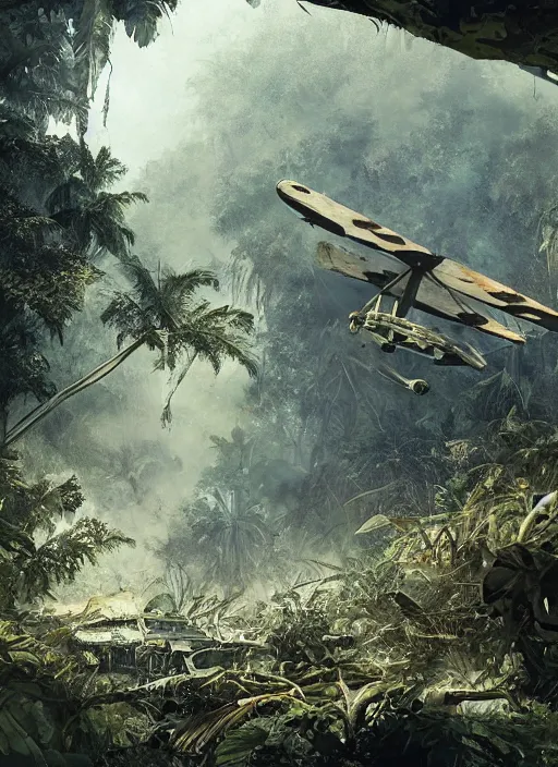 Image similar to World war airplane wreck in an exotic jungle, Dynamic lighting, cinematic, establishing shot, extremely high detail, photo realistic, cinematic lighting, pen and ink, intricate line drawings, post processed, concept art, artstation, matte painting, style by Raphael Lacoste, Eddie Mendoza