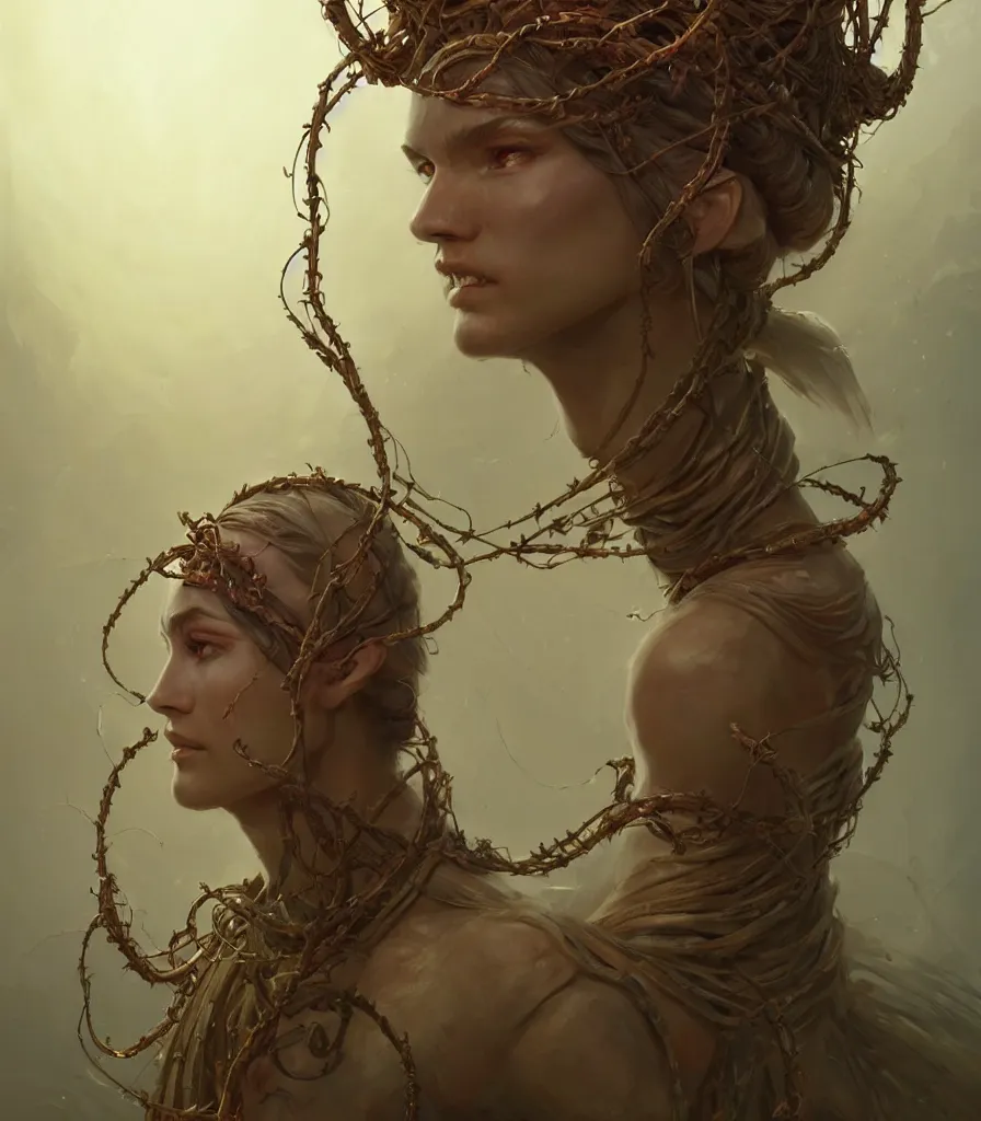 Prompt: portrait of a beautiful warrior, face, character, dressed in long cloth with vines and wires, full medium shot, full body, ultra realistic, cinematics lights 4 k, fine art, intrincate, trending in artstation, octane render. by peter mohrbacher marc simonetti & anna podedwor