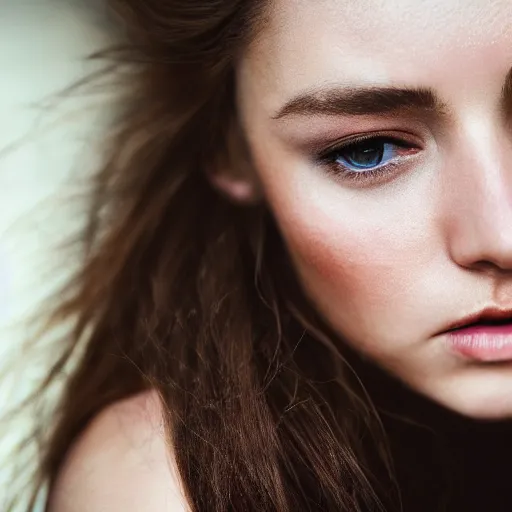 Image similar to Close-up portrait photo of a pretty girl with light brown hair , Low-key lighting, dramatic ,faded colors, pastel colors, Low-key light, flash studio, volumetric light, in the style of Lindsay Adler ,dark background, high quality,photo-realistic, 8K,-H 704