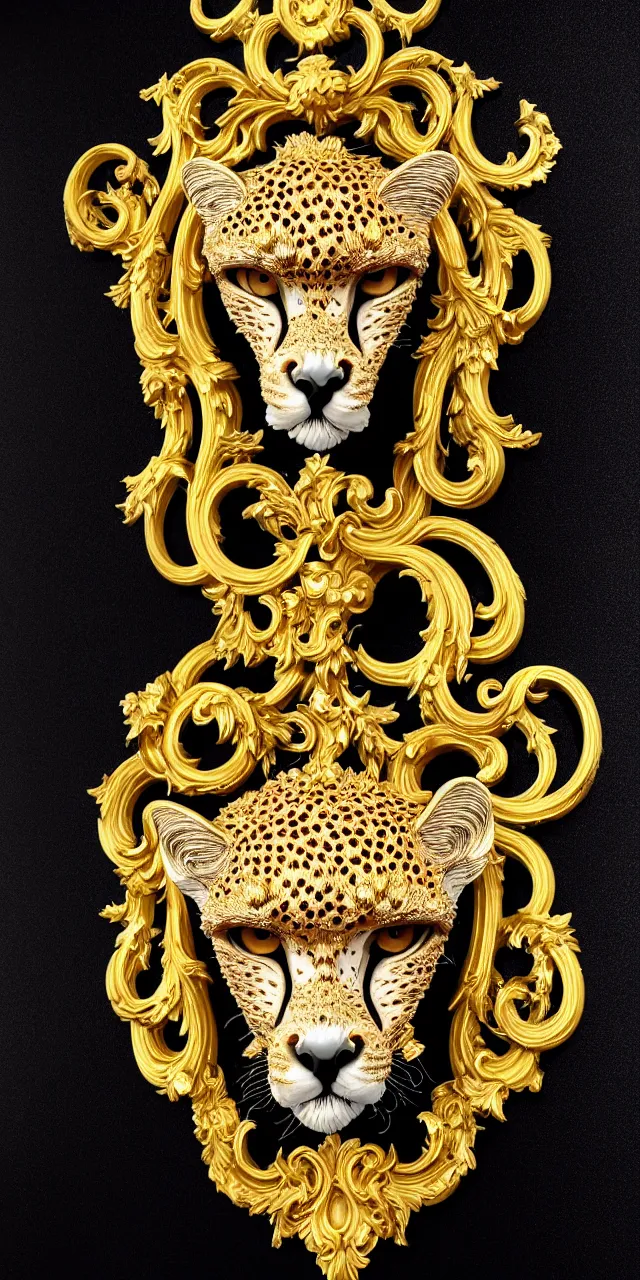 Prompt: beautiful portrait of a large ornate and intricate rococo cheetah face, symmetric, carved marble with gold accents, 3 d, photorealistic, front facing, centered, hyper detailed, gold plated on black background, wallpaper, detailed and intricate emblem, baroque medallion,