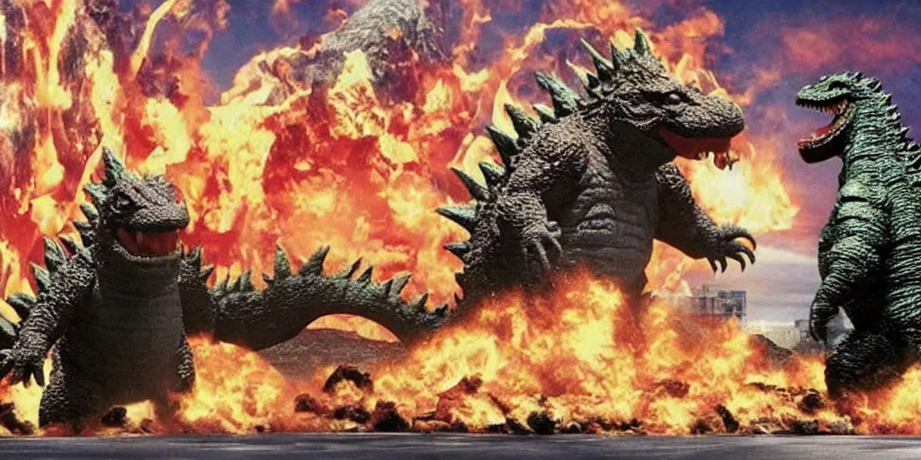 Image similar to photo of godzilla eating a giant pile of cheeseburgers with glee, funny, weird