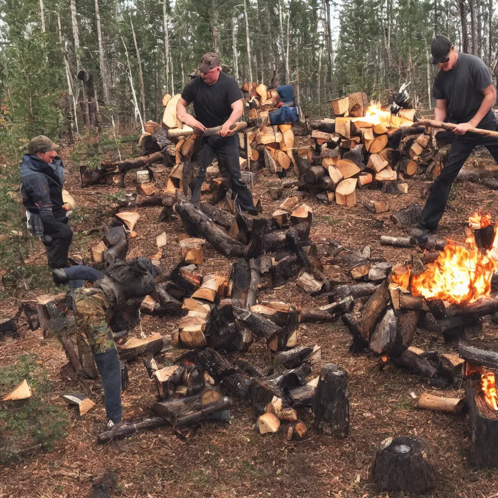 Prompt: disney's goofy cutting and splitting firewood with tomahawk in finnish forest