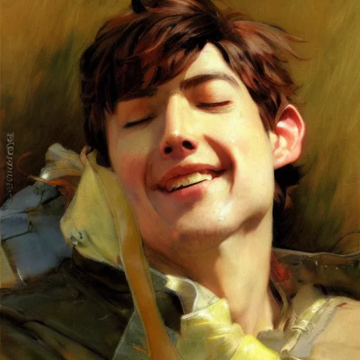 Prompt: detailed portrait of anime boy adam happy serenel, eyes closed, painting by gaston bussiere, craig mullins, j. c. leyendecker