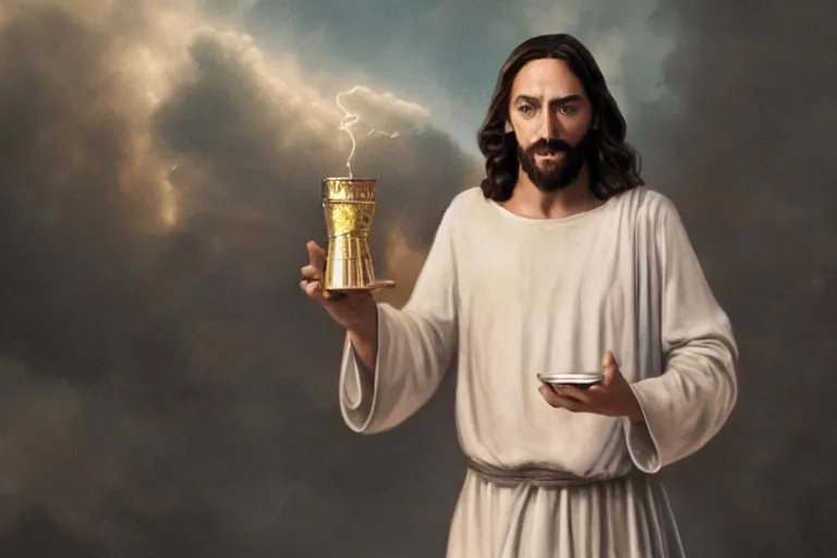 Image similar to Jesus holding the holy grail, cinematic masterpiece, warm atmosphere, very sharp and detailed image