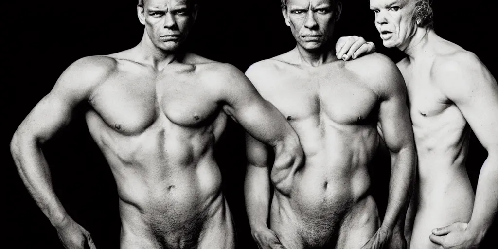 Image similar to full body portrait of two muscular men multicultural highly detailed sharp zeiss lens 1. 8 high contrast golden hour cinematic days of heaven detailed by gottfried helnwein ryan mcginley robert mapplethorpe david armstrong alexander mcqueen tom of finland transgender wolfgang tillmans