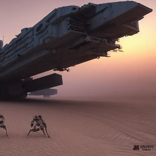 Image similar to cyberpunk cinematic scene of a wreckage of a gigantic stranded sci-fi aircraft carrier in the desert surrounded by dunes, quads and jeeps Madmax style. Haze and a sandstorm is gathering in the sky, gloomy mood, epic scene, hyperrealistic, intricate detail, photo-realistic. Cinematic and volumetric light. Epic concept art. Octane render and Unreal Engine