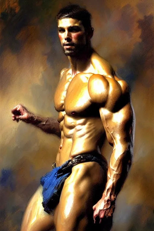 Image similar to attractive muscular man, painting by gaston bussiere, craig mullins