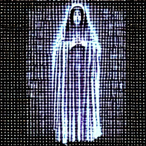 Image similar to vhs static overlay of marian apparition, vhs, 1 9 9 0, highly realistic, highly detailed, vhs noise static, black and white, vhs glitch