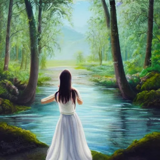 Prompt: a beautiful painting of the back view of a young lady in white dress washing her long hair by the river in a grown forest, sunlight reflected on the river, Celtic